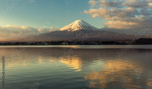 View of Mt.Fuji at sunrise from lake kawaguchiko yamanishi Japan ,Vintage tone