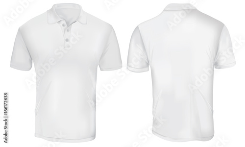 Vector illustration of blank white polo t-shirt template, front and back design isolated on white