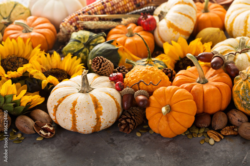 Fall still life with pumpkins and corn