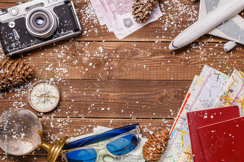 Traveler's attributes on wooden table