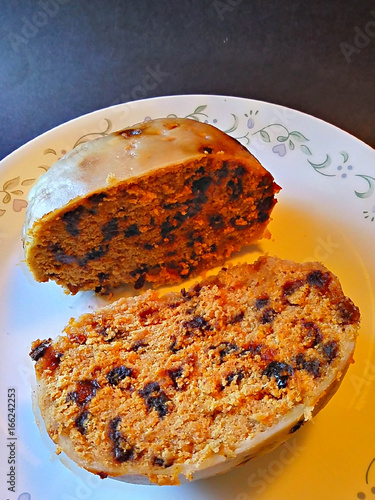 Clootie Dumpling traditional Scottish suet and fresh fruit dumpling sliced open