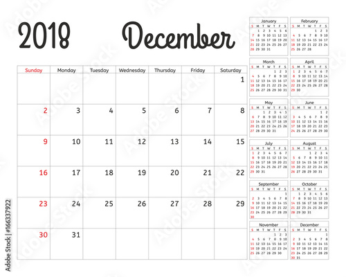 Simple calendar planner for 2018 year. Vector design December template. Set of 12 months. Week starts sunday. Calendar planning week.