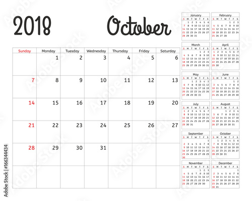 Simple calendar planner for 2018 year. Vector design October template. Set of 12 months. Week starts sunday. Calendar planning week.