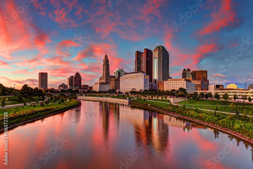 Evening Columbus Ohio skyline along the Scioto River at dusk