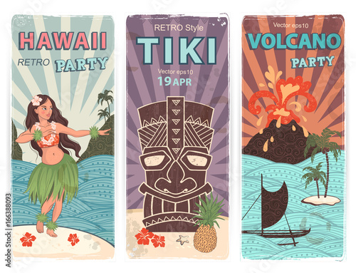 Retro set of banners with Hawaiian symbols