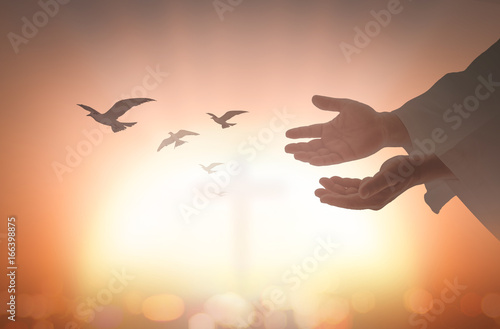 Ascension day concept: Silhouette human open two empty hands with palms up and birds flying over blurred cross in church background.