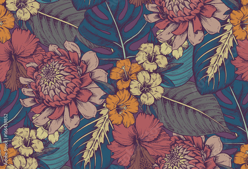 Vector seamless pattern with compositions of hand drawn tropical flowers