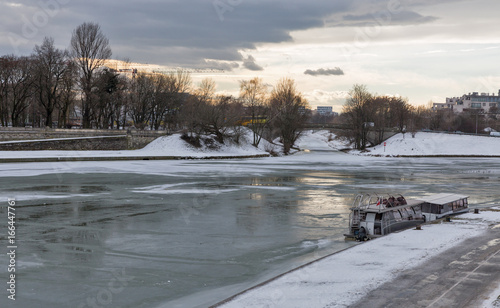 Krakow winter cityscape with Vistula and Wilga rivers, Poland.