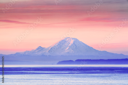 The Puget Sound and Mount Rainier at sunrise, Washington, USA