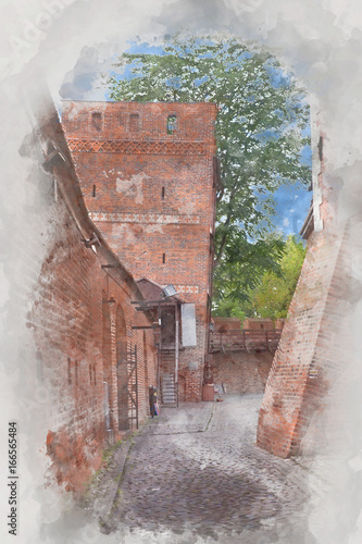 Leaning Tower, Torun, Poland, digital watercolor illustration 