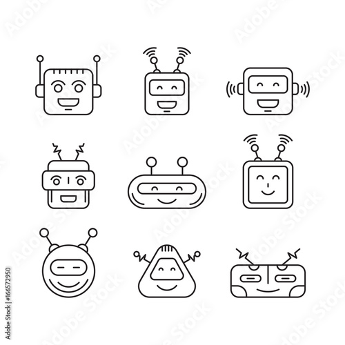 Set Chat bot vector icon faces robots in a linear style. Vector Robot Virtual Assistance chatbots for text messages.