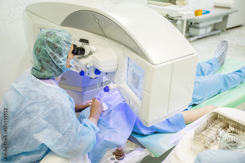 ophthalmology operation. Surgeon's hands in gloves performing laser eye vision correction correction.