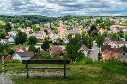 D, Bayern, Schwaben, Blick vom Kloster Welden auf den Ort Welden im Sommerlicht mit dramatischem Wolkenhimmel