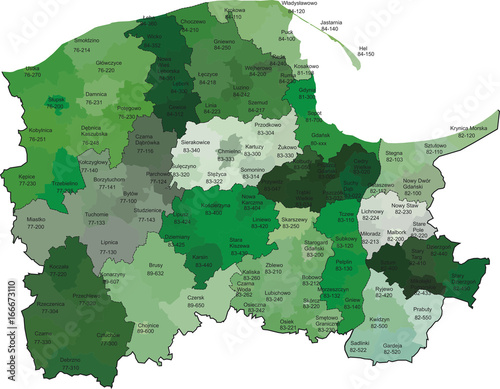 Województwo pomorskie z kodami pocztowymi i podziałami na gminy i powiaty