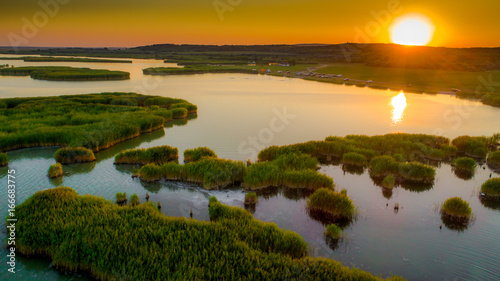 Aerial view Reeds island in the lake on Hungary, Sukoro, Velence.