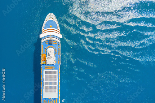 Part of a cruise liner in the blue sea, top view
