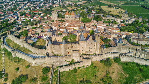 Aerial top view of Carcassonne medieval city and fortress castle from above, Sourthern France 