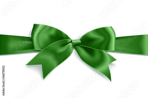 Realistic satin green bow knot on ribbon. Vector illustration icon isolated on white.