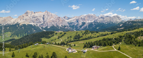 Fantastic landscape on the Dolomites. Drone aerial view on the peaks called Sas Crusc, Lavarela, Conturines and Pizes de Fanis. Place is Alta Badia, Sud Tirol, Italy