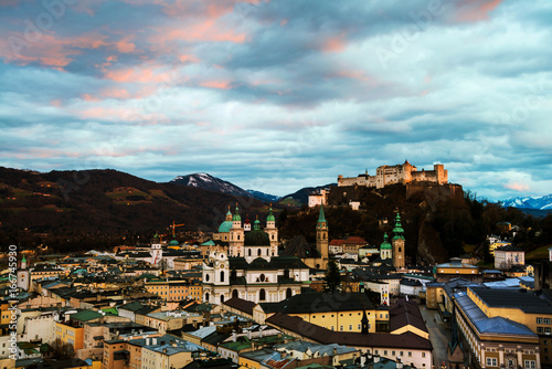 Aerial view of popular destination city in Austria - Salzburg at sunset
