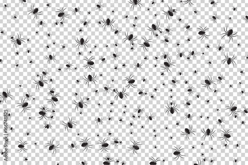 Vector realistic isolated spider confetti on the transparent background for decoration and covering. Creepy background for Halloween.