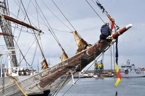 Bowsprit of tall ship with sailor, Hartlepool, England