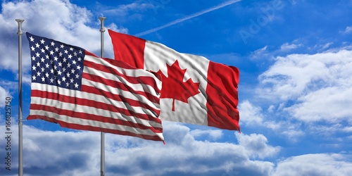 Canada and America waving flags on blue sky. 3d illustration