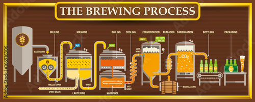 The Brewing Process info-graphic with beer design elements on brown background with golden frame. Vector image 