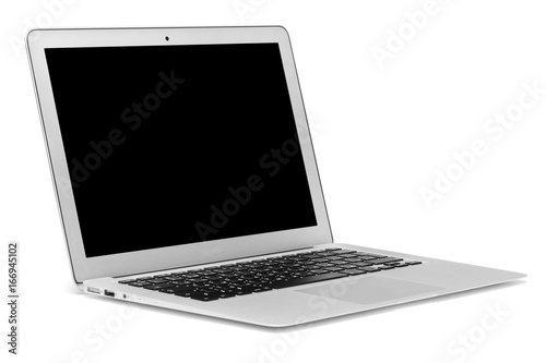 Isolated silver notebook black screen on white background