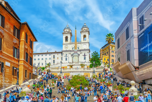 Spanish Steps (Scalinata di Trinita dei Monti), Obelisco Sallustiano on Spanish Steps Square(Piazza della Trinita dei Monti) with tourists.