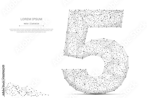 Abstract mash line and point number five on white background with an inscription. Starry sky or space, consisting of stars and the universe. Vector digit 5 illustration