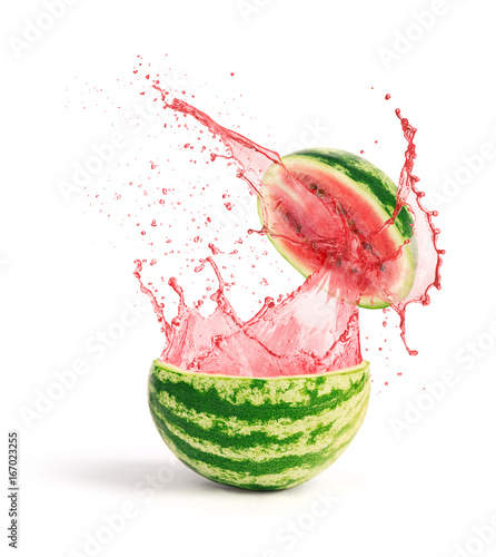 watermelon with slice and splash of juice isolated on white background