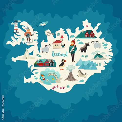 Iceland map landmarks. Handdrawn vector illustration. Landmark of Iceland illustrated travel poster