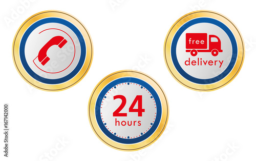 24 hours, free delivery, phone icon
