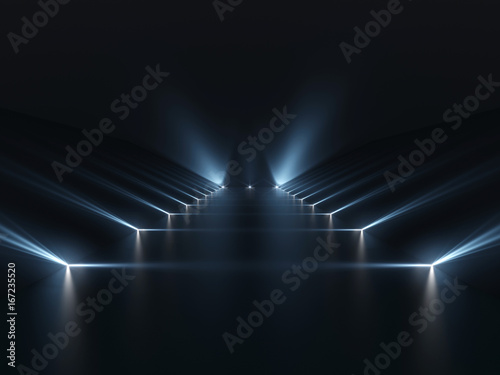 Futuristic dark podium with light and reflection background