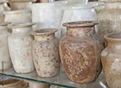 Row of alabaster vases at an egyptian market