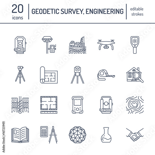 Geodetic survey engineering vector flat line icons. Geodesy equipment, tacheometer, theodolite, tripod. Geological research, building measurement inspection illustration. Construction service signs.