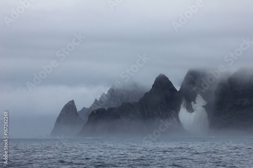 Mountains in fog, Antarctic Peninsula landscape, Antarctica