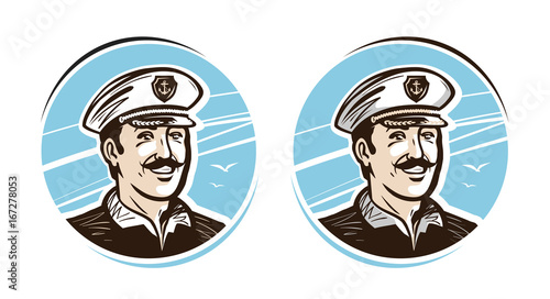 Portrait of happy captain, logo or label. Cartoon vector illustration