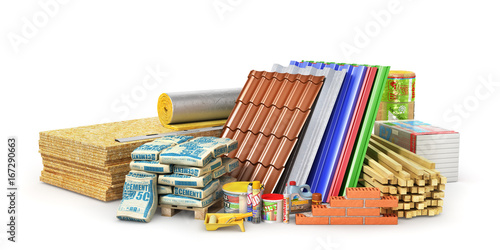 Set of construction materials and tools isolated on a white background. 3d illustration