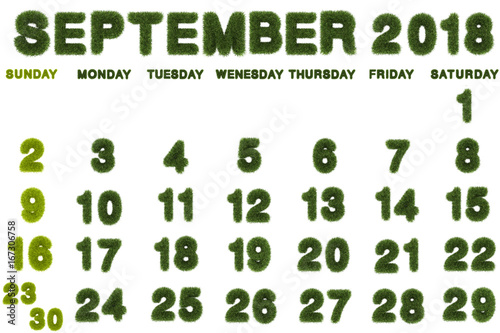 Calendar for September 2018 on white background,3d rendering green grass