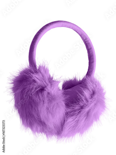 Violet fluffy furry earmuffs isolated on white