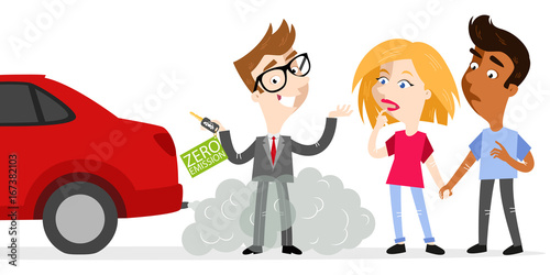 Vector illustration of confident cartoon salesman holding car keys labeled zero emission whilst standing in exhaust gases with skeptical customers looking at fumes