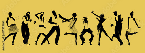 Silhouettes of nine people dancing Charleston