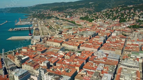 Aerial view of the Porto Vecchio or Port of Trieste city and Centrale railway station, Italy