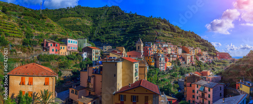 View of the colorful houses along the main street in a sunny day in Manarola.
