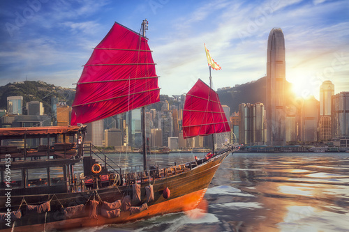 3D illustration of vintage ship sailing to Hong kong harbor