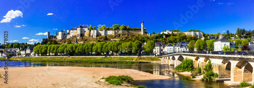 Landmarks of France - panoramic view of Chinon with royal castle. Loire valley river