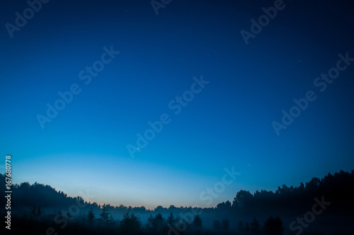 Blue dark night sky with many stars above field of trees. Milkyway cosmos