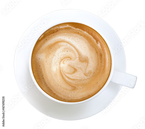 Top view of hot coffee latte cappuccino spiral foam isolated on white background, clipping path included